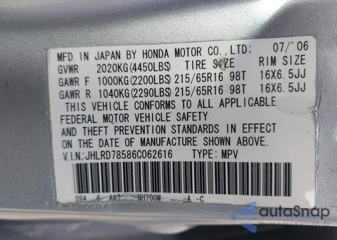 2006 Honda Cr-V Lx z USA, uszkodzony, nr VIN JHLRD78586C062616